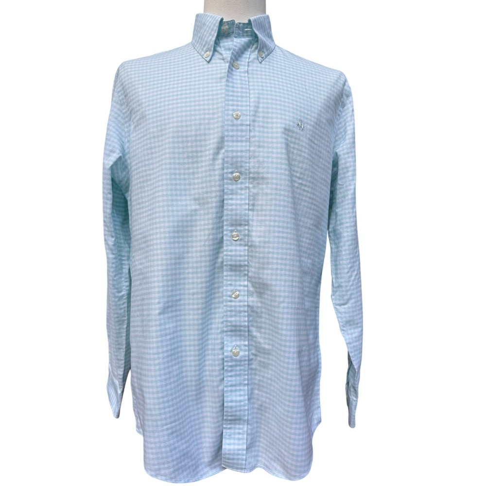 Brooks Brothers Button Down Men Large Blue Excellent Milano Gingham Non-Iron